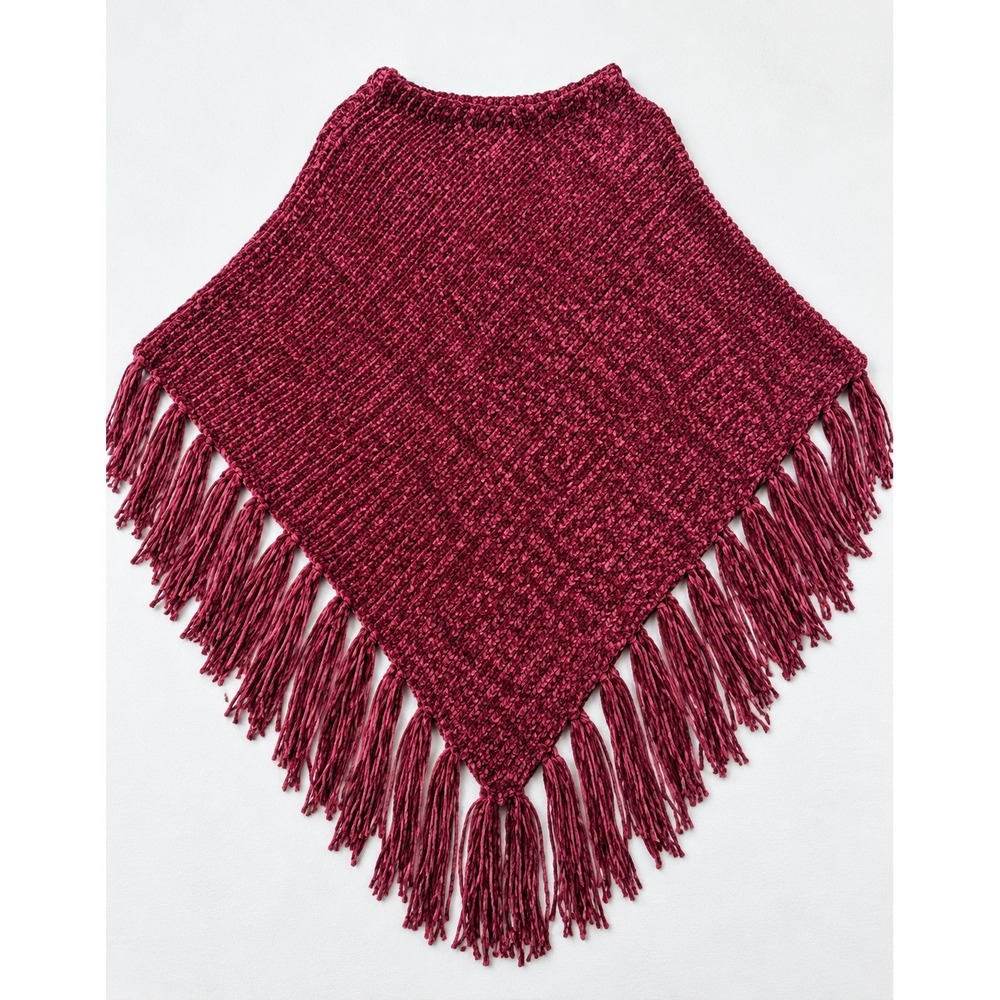 Chenille Knit Fringe Poncho Wrap Bordeaux Boho Winter S-M 4289
